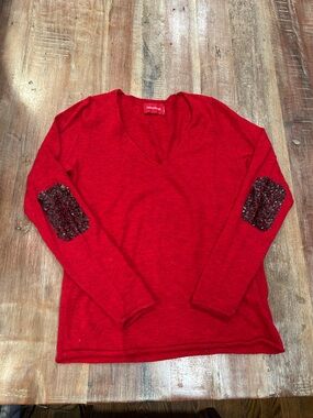 Zadig & Voltaire Vintage Red V-Neck Nosfa Sweater with Sequin Elbow Patches